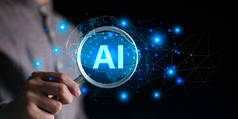 A futuristic concept of artificial intelligence and data networks, showing a magnifying glass focusing on AI with glowing digital connections. Ideal for illustrating technology, big data