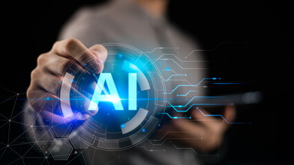 A businessman touches a virtual AI icon with futuristic circuit lines, representing artificial intelligence technology and digital innovation. Great for illustrating smart tech, automation, IT themes.