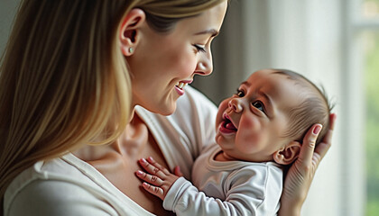  Smiling mother holding happy baby near window