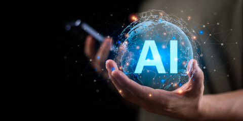 A glowing AI globe is held in a person’s hands, symbolizing the power of artificial intelligence, global technology, and digital transformation. Ideal for smart tech, innovation, futuristic themes.