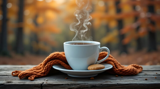 Steaming White Coffee Mug Wrapped in Orange Scarf with Cookies, Rustic Wooden Table in Autumn Forest for Seasonal Cozy Comfort