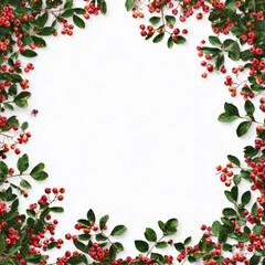 Fototapeta premium Hawthorn berries and green leaves creating a border
