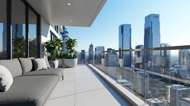 Modern balcony overlooking cityscape, featuring seating, table, plants, and glass barriers