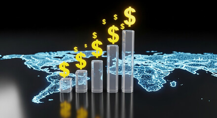Global economic growth illustrated with dollar signs rising above a world map, showing positive financial trends and market expansion worldwide