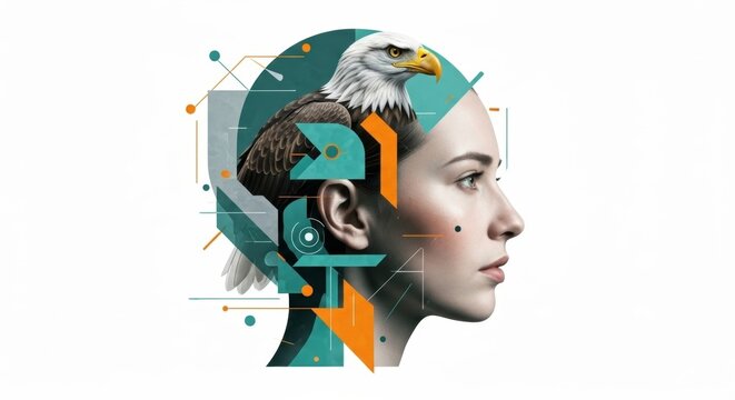 Woman with a bald eagle head, integrated with abstract geometric shapes. Concept illustration for freedom, vision, and inner strength. - Powered by Adobe
