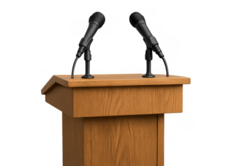 Wood podium, featuring two microphones, ready for public addresses, political debates, and formal presentations. Transparent background