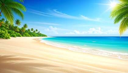 Tranquil beach scene with palm trees, white sand, turquoise sea and blue sky, sunshine, and fluffy clouds
