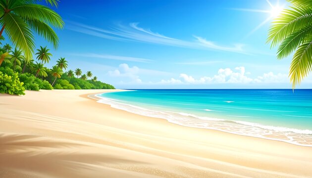 Tranquil beach scene with palm trees, white sand, turquoise sea and blue sky, sunshine, and fluffy clouds