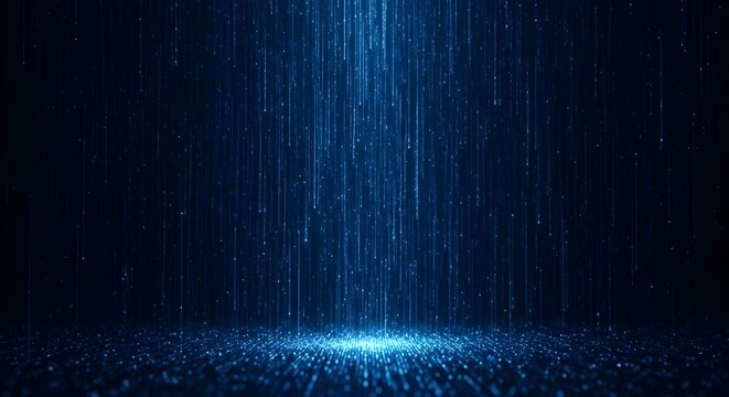 Abstract blue digital rain falling from above onto a dark textured surface creating a futuristic technological atmosphere