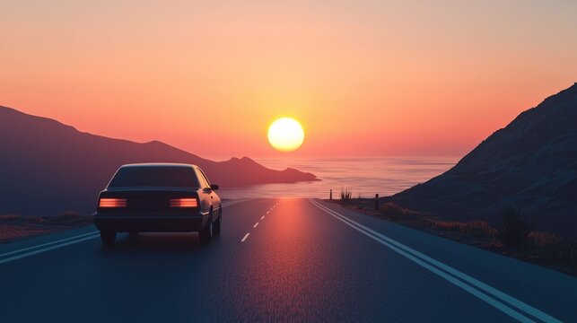 Stunning aerial view of a serene automotive sunset drive on a winding coastal highway overlooking the ocean and mountains in the distance