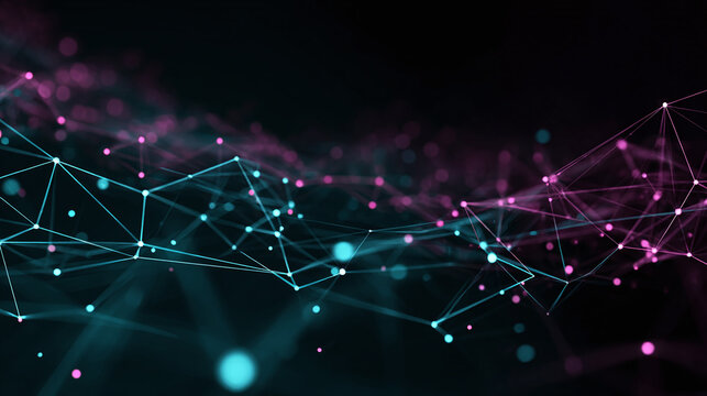 A stunning digital network. The image features a network of connected nodes, with lines representing connections and glowing particles indicating data flow.