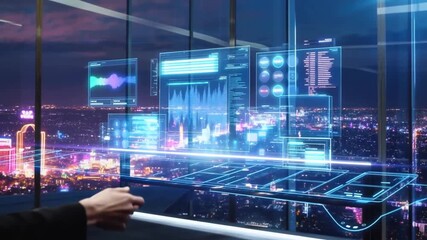 A Sophisticated Interface Showcasing Data Analytics in a Modern Urban Setting with Neon City Lights Capturing the Essence of Technological Advancement at Night - Powered by Adobe