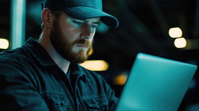 Automotive Mechanic Diagnosing Car Problem Using Laptop Computer for Diagnosis and Analysis in Garage Workspace - Powered by Adobe