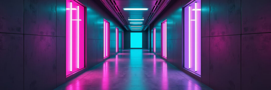 Futuristic hallway with teal and violet lighting chrome decor and reflective floor cinematic modern interior - Powered by Adobe