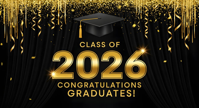 Elegant class of 2026 graduation celebration with golden confetti and graduation cap