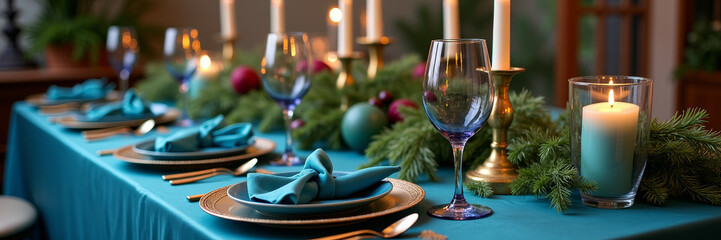 Elegant holiday dinner table with peacock blue silk tablecloth gold cutlery and teal candles warm evening atmosphere