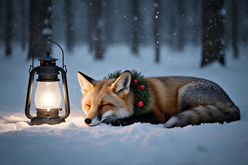 Peaceful Red Fox Sleeping in Snowy Forest with Glowing Lantern and Christmas Wreath, Winter Holiday Magic