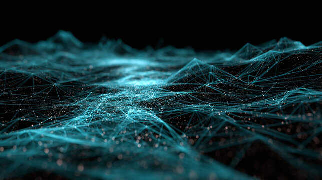 Intricate digital network visualized with interconnected lines and nodes forming a complex landscape. The network glows with a cool, ethereal light, suggesting data flow and connectivity
