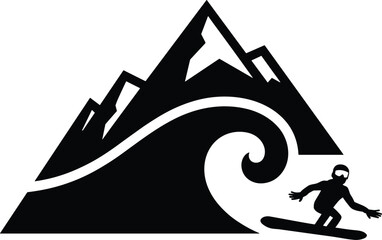 Black silhouette snowboarder against abstract mountain and wave graphic