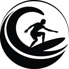Black silhouette surfer riding wave inside circle surfing