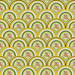 ​1. Description (Under 200 characters)
​A seamless repeating pattern featuring stylized orange and yellow flowers and green leaves within a scalloped, Art Deco-inspired arch motif on a pale tan backgr