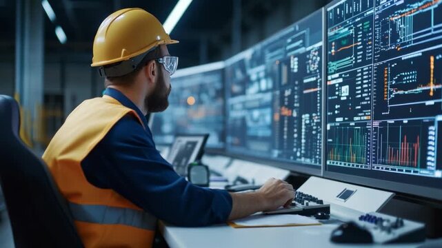 Engineer at Control Panel: A skilled engineer, illuminated by the glow of multiple screens, intently monitors complex systems within a modern control room. 