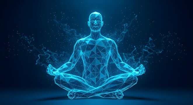 Glowing blue ethereal human figure meditating in lotus pose with swirling energy particles against a dark background