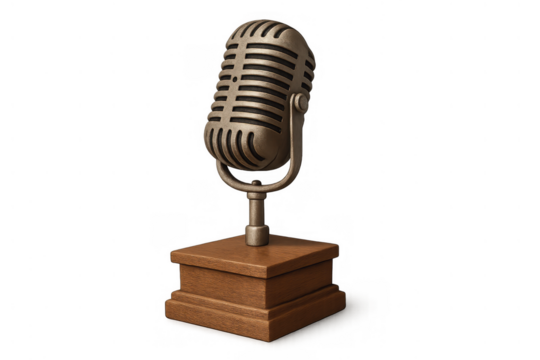 Retro microphone standing on wooden base, symbolizing broadcast, podcasting, voice, music, and communication