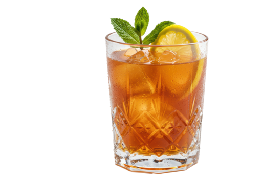 hyper-realistic macro shot of a chilled peach iced tea cocktail in a heavy cut crystal tumbler with lemon, mint, and heavy condensation on transparent background. concept for beverage advertising
