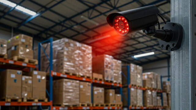 Close up of a security camera with red light in a warehouse. Surveillance system concept for logistics, distribution, factory.