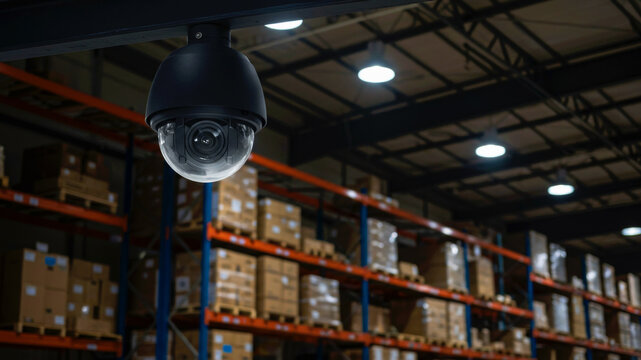 CCTV camera operating in a large dark warehouse with shelves full of cardboard boxes. Security system for inventory and logistics management.