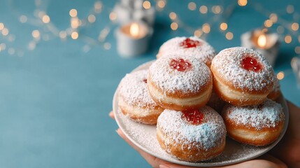traditional Hanukkah sufganiyot covered in powdered sugar and filled with fruit jelly beside menorah and festive ornaments on blue background