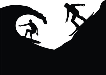Surfer and Snowboarder Silhouettes Against White Background