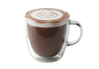 close-up macro shot of a clear glass mug of 70% cacao hot chocolate, white milk foam with rosette latte art, steam, high-key studio background, concept for premium product advertising