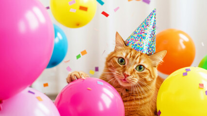 Cute ginger cat with a party hat and colorful balloons. Kitten celebrating birthday or special occasion. Animal holiday concept