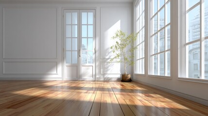 Fototapeta premium Sunlit minimalist room with panoramic windows. AI image