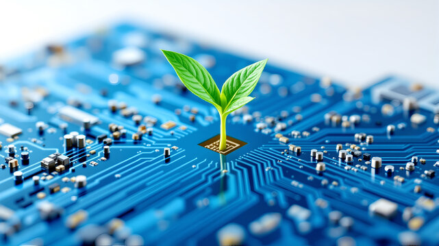A small green plant sprout growing from a blue computer circuit board
