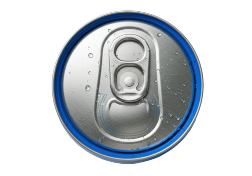 macro close-up of a pristine, brushed metallic silver aluminum can lid with a vibrant electric blue rim and polished pull tab, condensation droplets, on a transparent background. concept for beverage