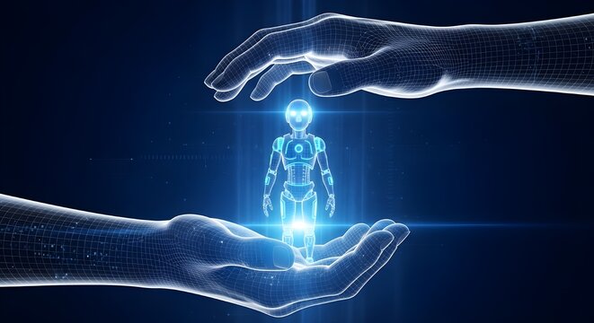 Two glowing digital hands carefully holding a luminous humanoid figure made of light and data on a dark blue background