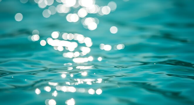 Rippling turquoise water surface with bright sunlight reflections creating a bokeh effect, perfect for summer
