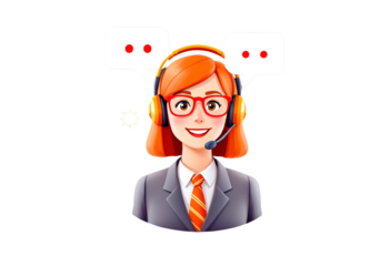 Friendly Customer Service Representative Woman Wearing Headset with Speech Bubbles on Transparent Background