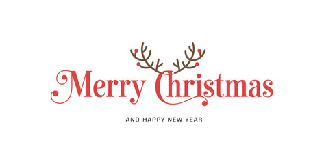 Red Merry Christmas lettering with antlers. Reindeer horns with hanging ornaments. Great for holiday greeting cards, Christmas gift tags, posters, social media. Transparent background in vector file