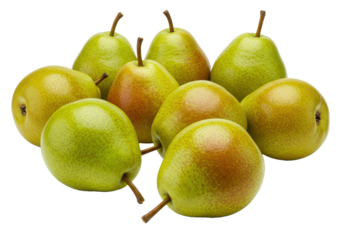 eight bi-colored bosc anjou pears, macro close-up showing glossy, detailed skin texture and wooden stems, floating against a bright white background, high-key commercial food photography, concept of