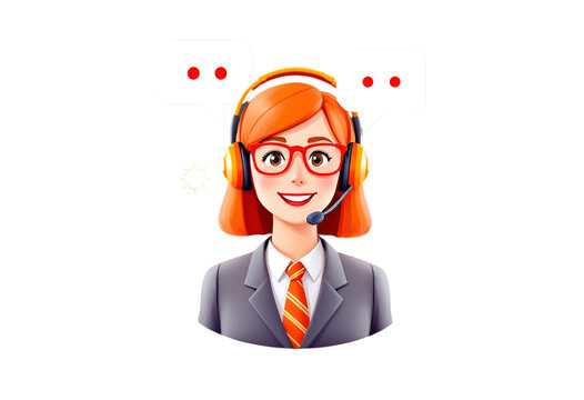 Friendly Customer Service Representative Woman Wearing Headset with Speech Bubbles on Transparent Background