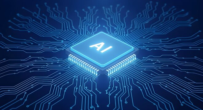 Futuristic glowing ai chip at the center of a complex digital circuit board with glowing blue lines representing data flow