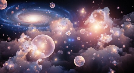 Dreamy Cosmic Landscape: Galaxy, Clouds, and Floating Spheres in Ethereal Light