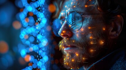 Man wearing glasses looking at digital holographic data with glowing blue and orange lights, generative ai