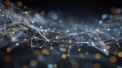 Abstract digital network with interconnected nodes and glowing particles