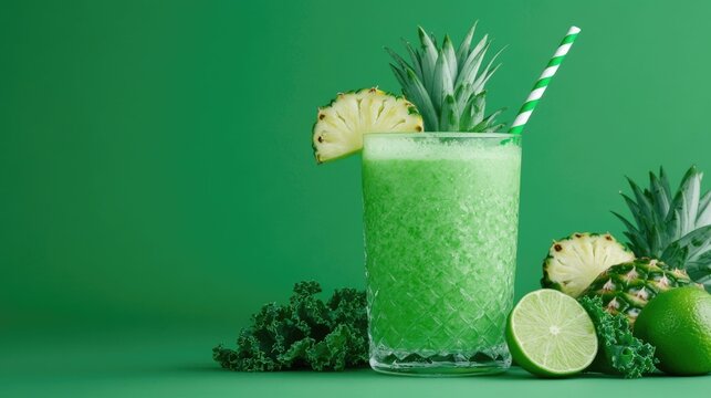Refreshing tropical green juice bursting from a glass surrounded by fresh pineapple lime wedges and kale leaves for a healthy vibrant and energizing beverage