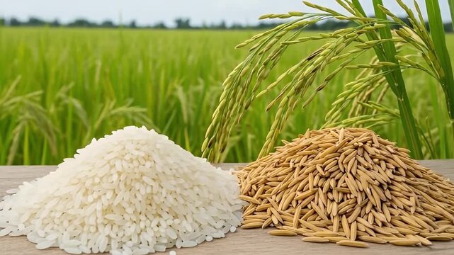 This video showcases the journey of a staple grain, presenting both polished white rice and unhusked paddy grains in distinct piles on a rustic wooden surface. In the soft-focus background, a vibrant 